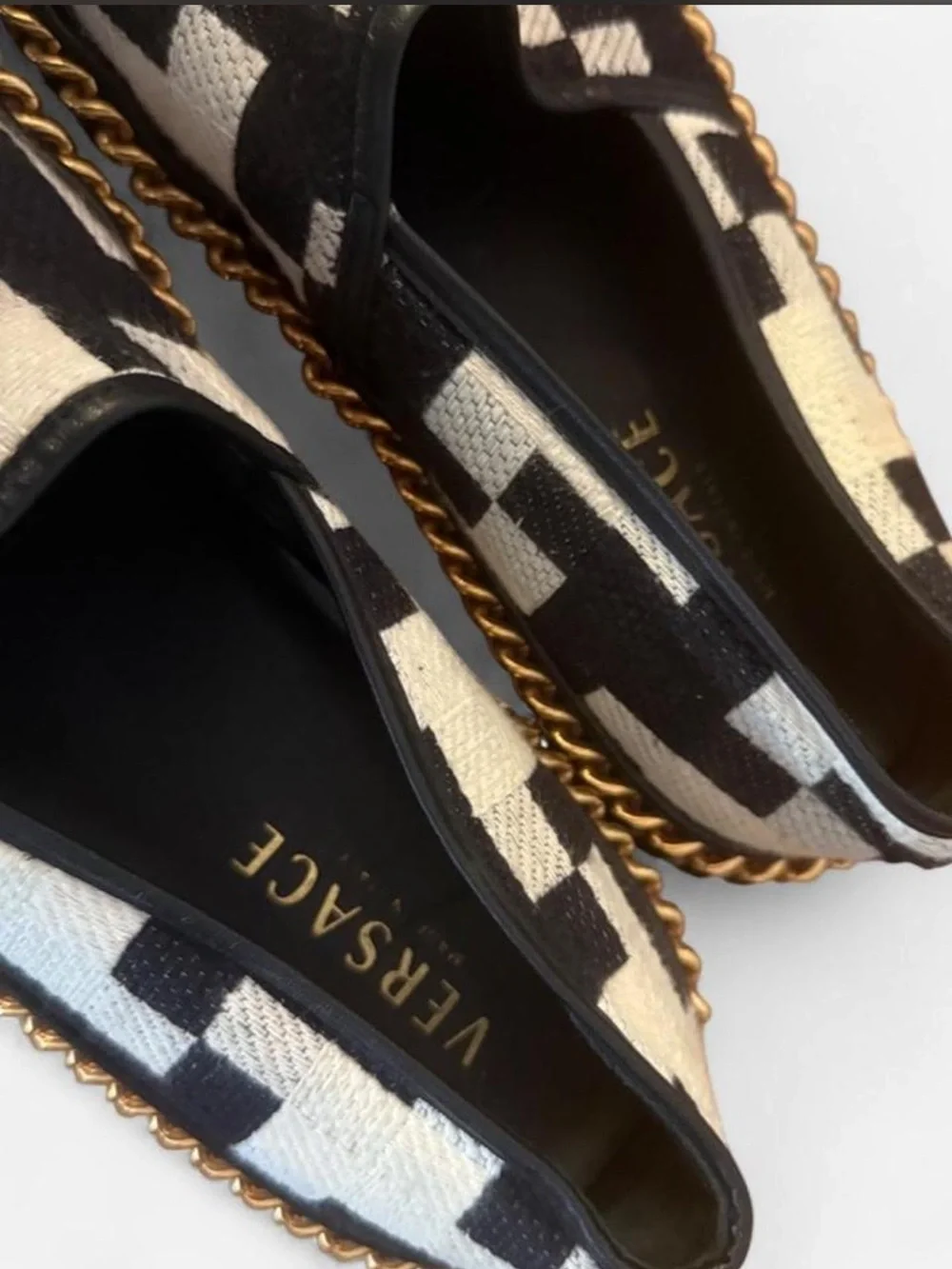 Versace Black and White Chain-Trim Slip-On Flats